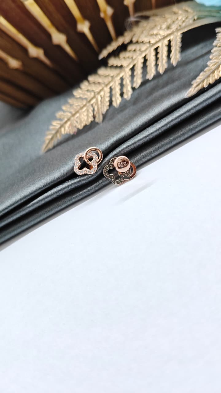 925 Silver Rose Gold Double Flower Design White Stone Earrings