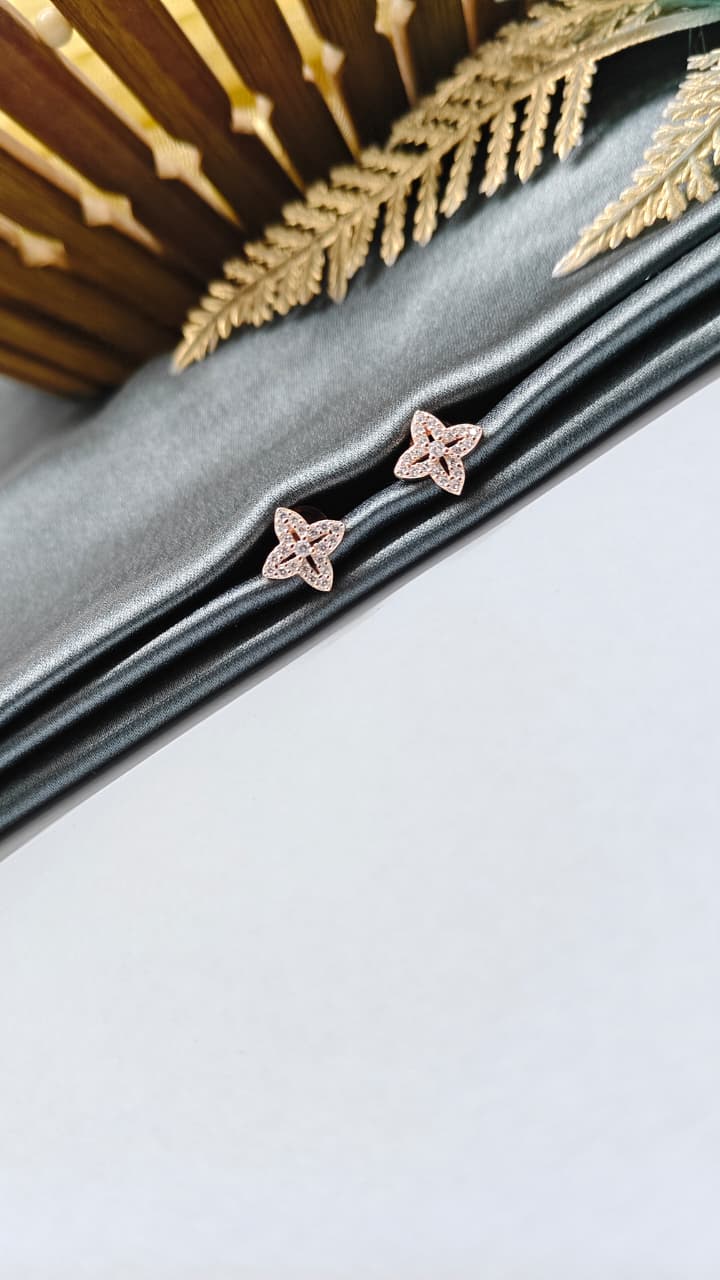 925 Silver Rose Gold Flower Design White Stone Earrings
