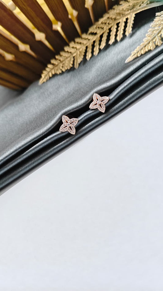 925 Silver Rose Gold Flower Design White Stone Earrings