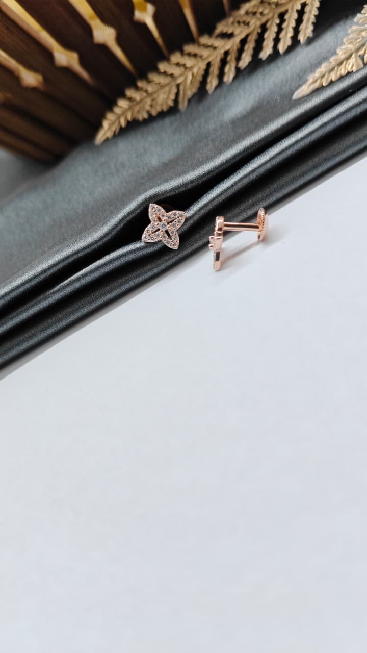925 Silver Rose Gold Flower Design White Stone Earrings