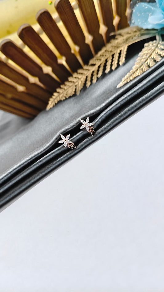 925 Silver Rose Gold Star With Leaf Design White Stone Earrings