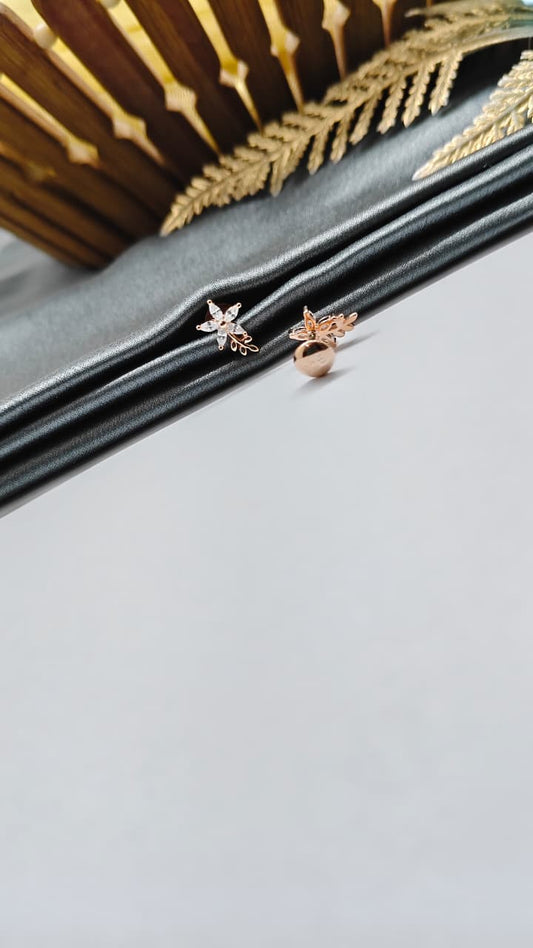 925 Silver Rose Gold Star With Leaf Design White Stone Earrings