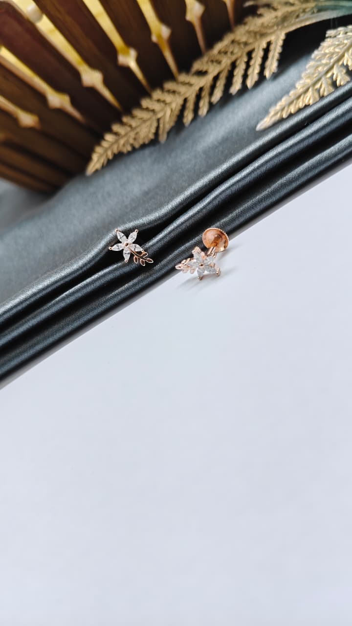 925 Silver Rose Gold Star With Leaf Design White Stone Earrings