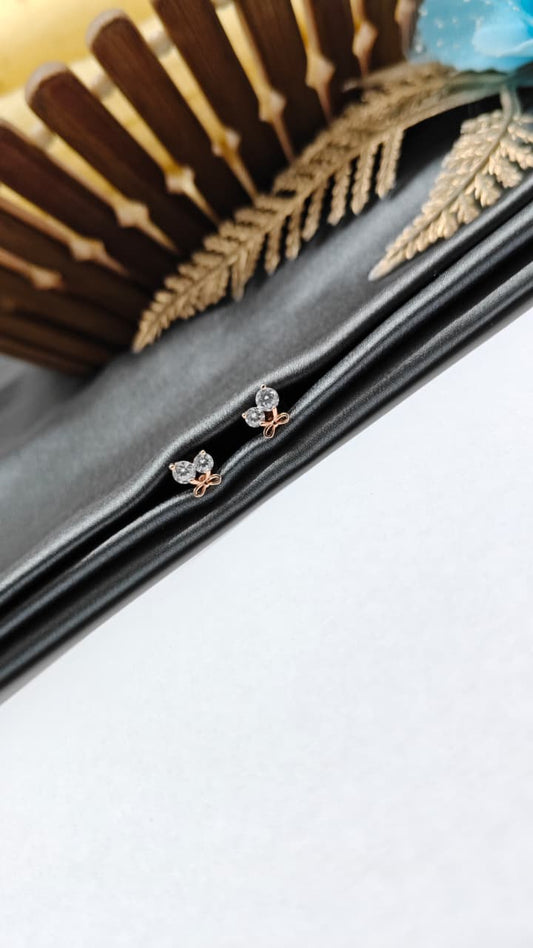 925 Silver Rose Gold 2 White Stone With Bow Design Earrings