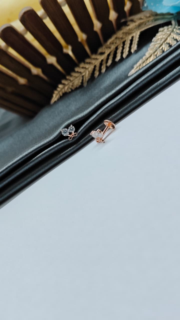925 Silver Rose Gold 2 White Stone With Bow Design Earrings
