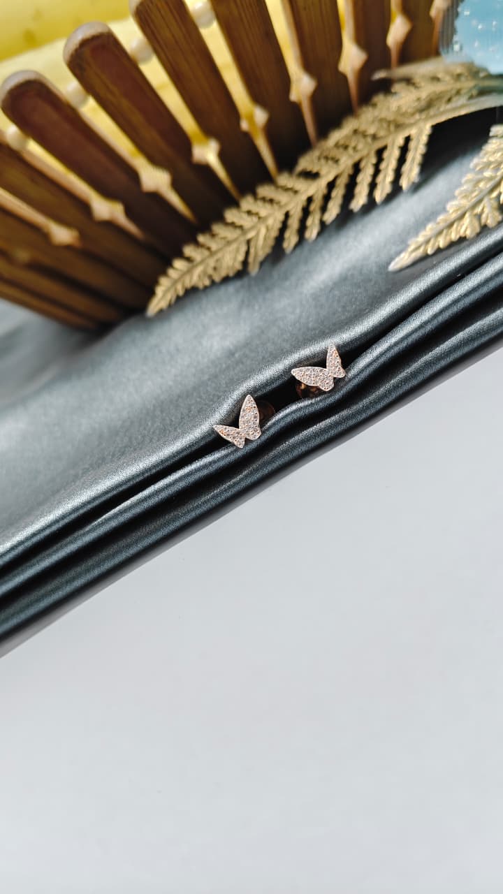 925 Silver Rose Gold Small Butterfly Design White Stone Earrings