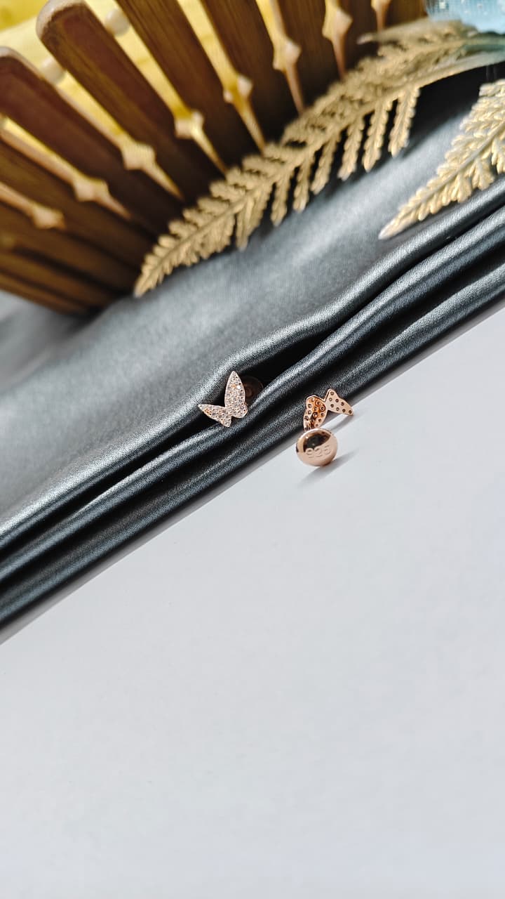 925 Silver Rose Gold Small Butterfly Design White Stone Earrings