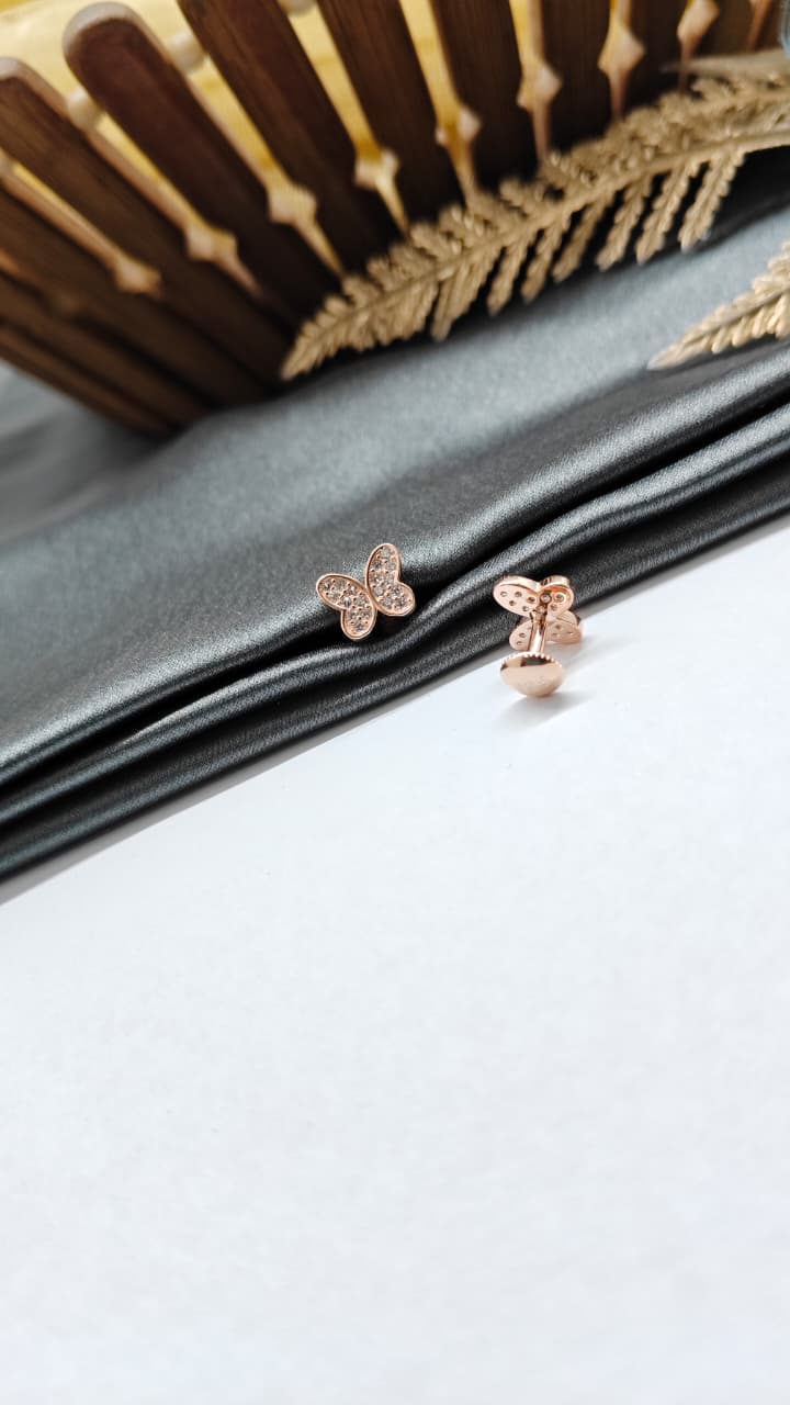 925 Silver Rose Gold Butterfly Design White Stone Earrings
