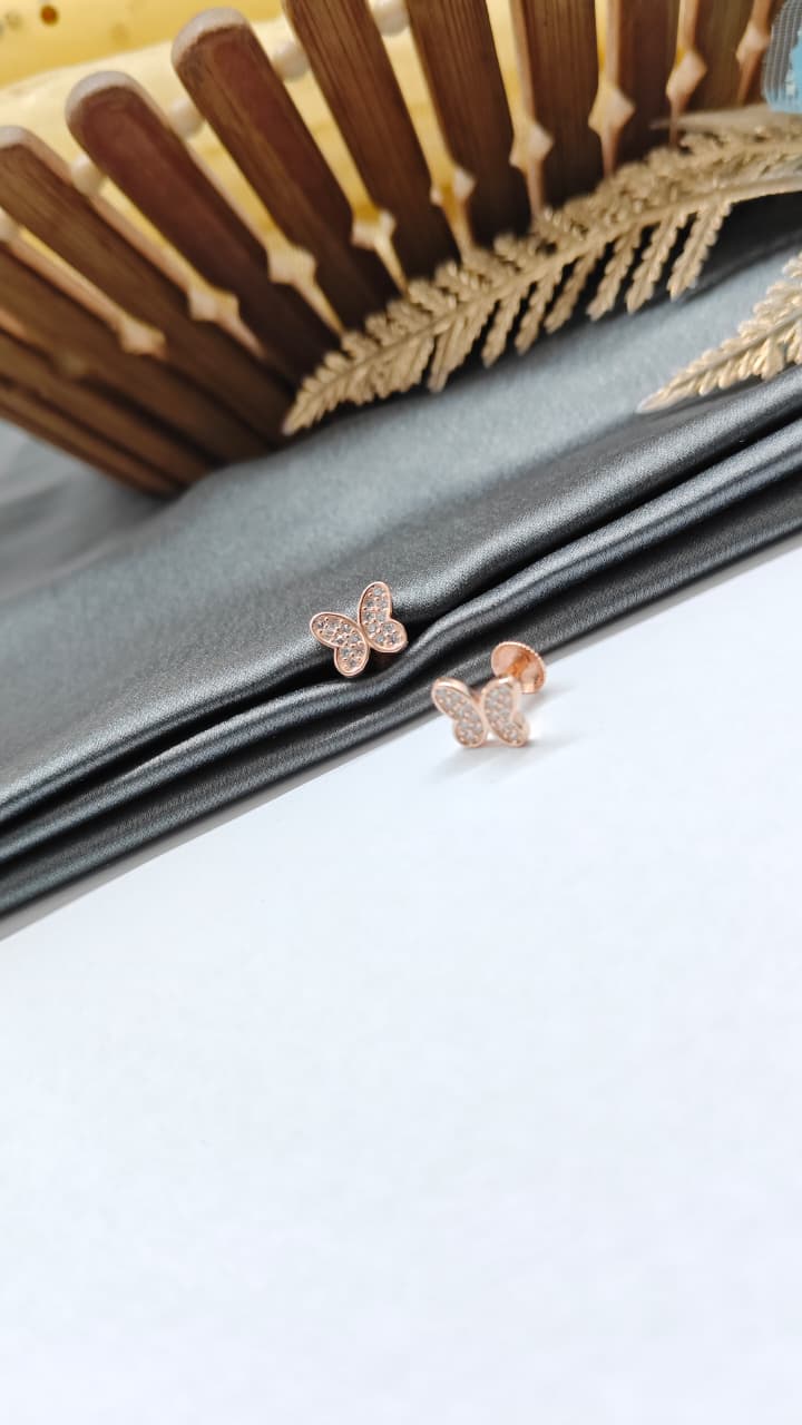 925 Silver Rose Gold Butterfly Design White Stone Earrings