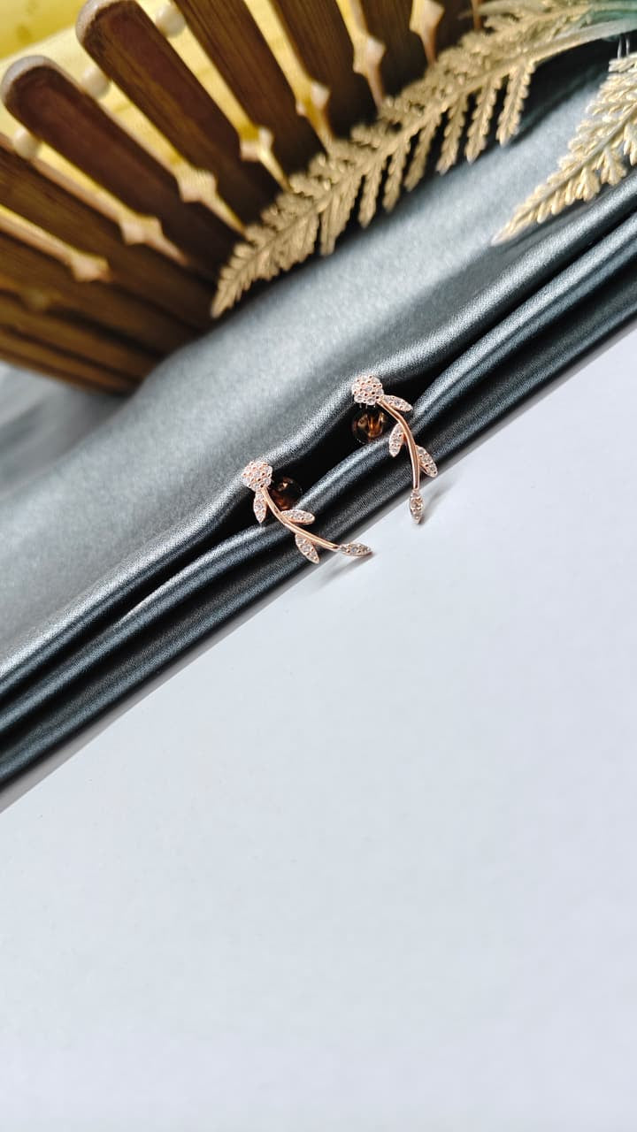 925 Silver Rose Gold Big Leaf Design White Stone Earrings