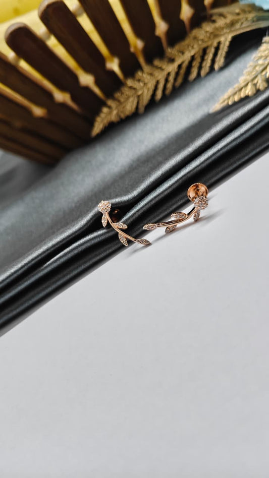 925 Silver Rose Gold Big Leaf Design White Stone Earrings