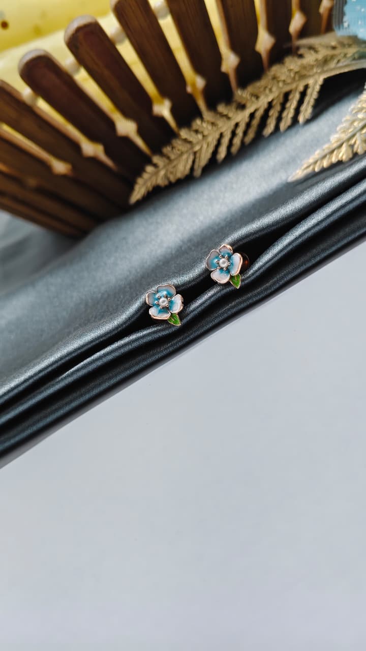 925 Silver Rose Gold Pearl Enamel Colour Flower Design White Stone Earrings