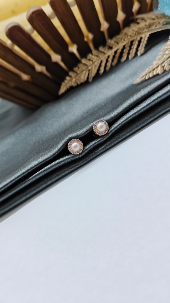 925 Silver Rose Gold Medium Size Pearl Round Design White Stone Earrings