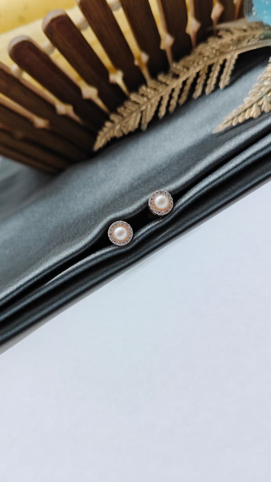 925 Silver Rose Gold Medium Size Pearl Round Design White Stone Earrings