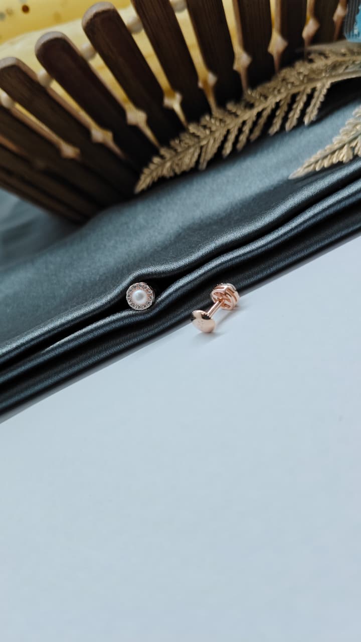 925 Silver Rose Gold Small Size Pearl Round Design White Stone Earrings