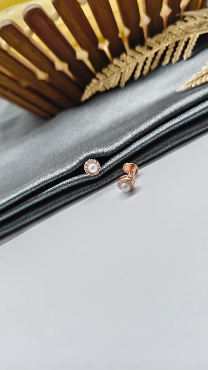 925 Silver Rose Gold Small Size Pearl Round Design White Stone Earrings