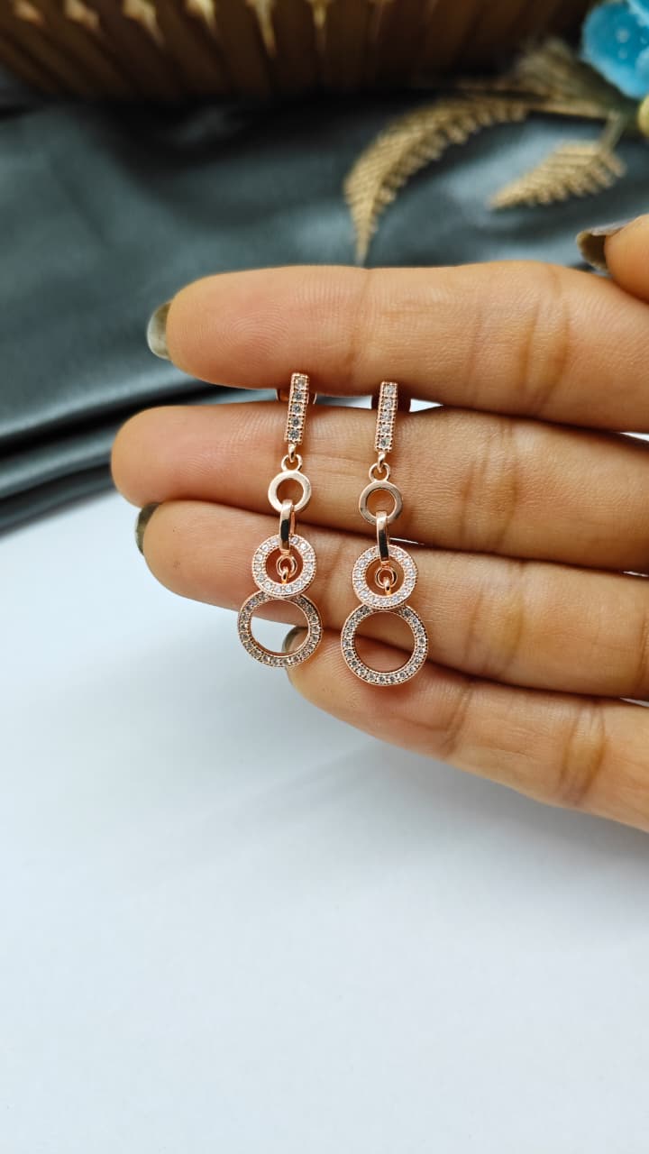 925 Silver Rose Gold 3 Rings Design White Stone Hanging Earrings