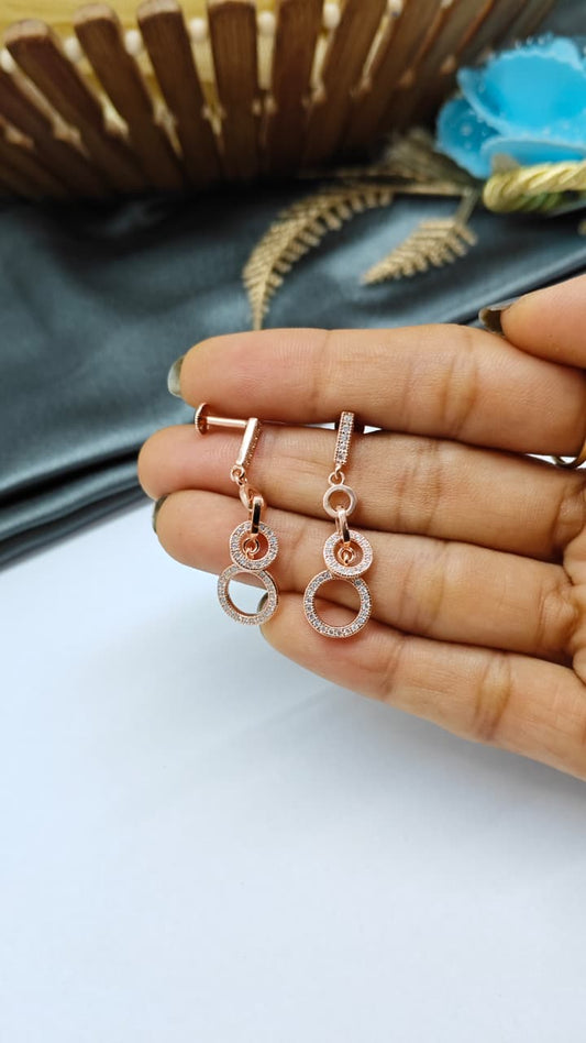 925 Silver Rose Gold 3 Rings Design White Stone Hanging Earrings