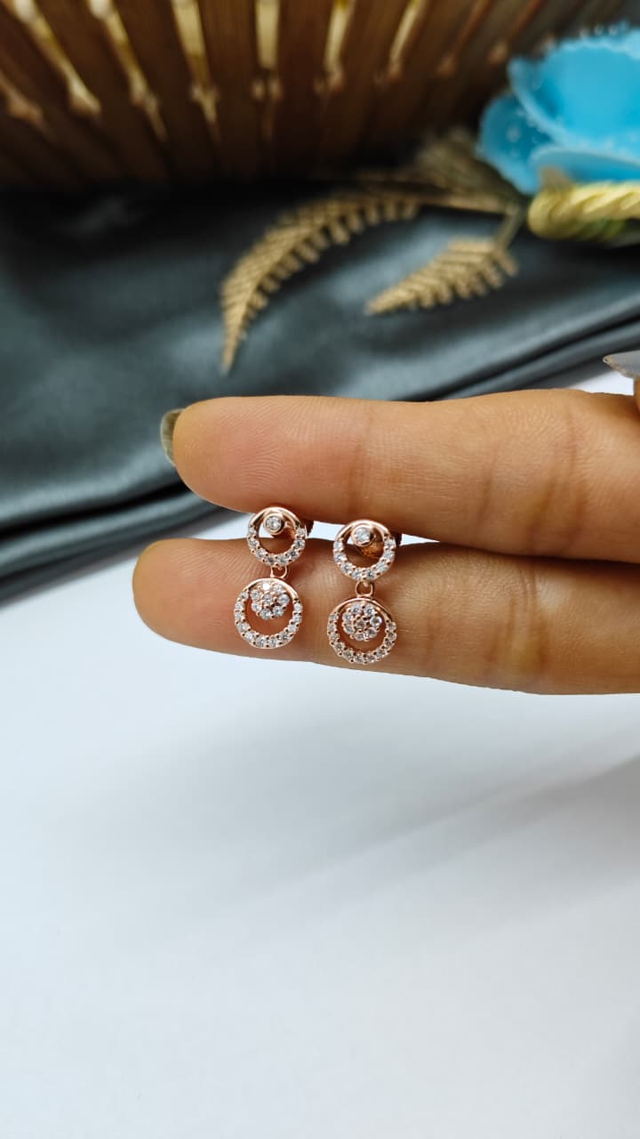 925 Silver Rose Gold Round Circle Design White Stone Hanging Earrings
