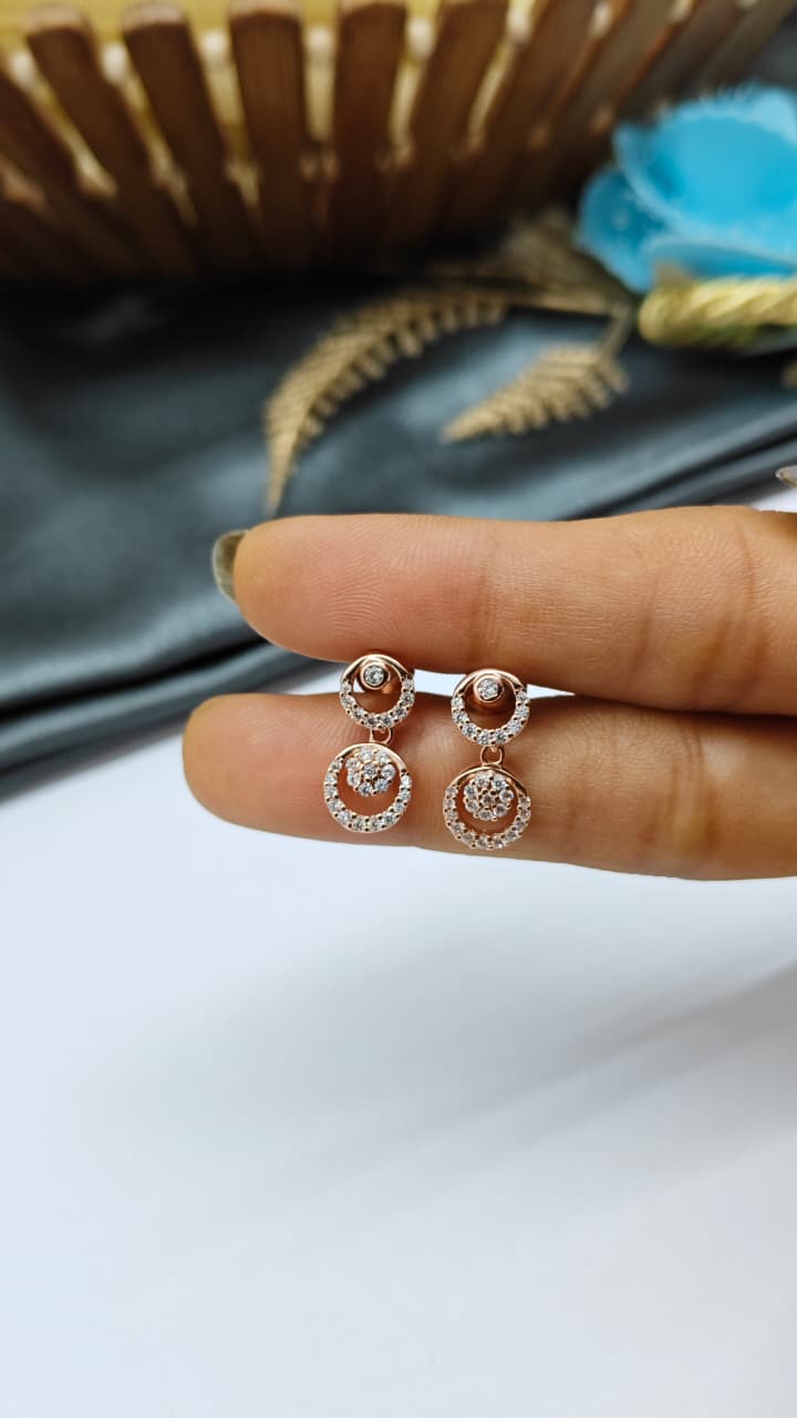 925 Silver Rose Gold Round Circle Design White Stone Hanging Earrings