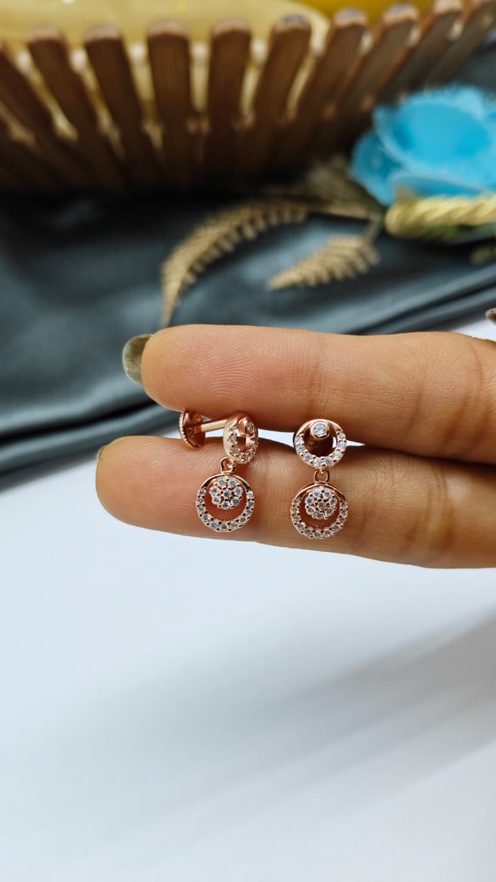 925 Silver Rose Gold Round Circle Design White Stone Hanging Earrings