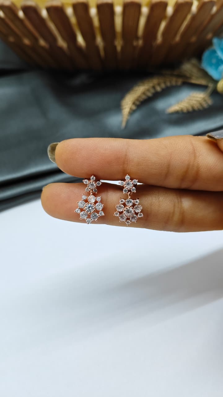 925 Silver Rose Gold Multiple White Stone Hanging Earrings