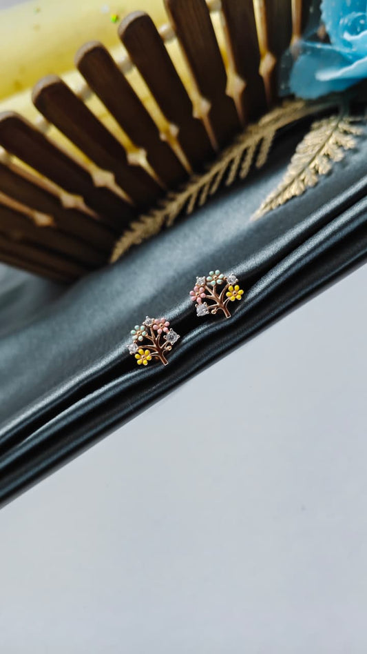 925 Silver Rose Gold Multiple Enamel Colour Tree Design 2 White Stone Earrings