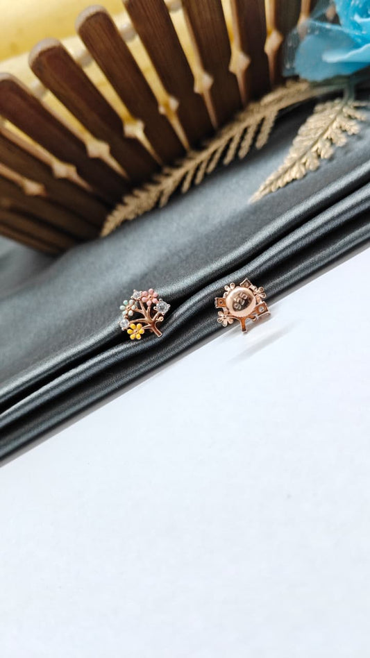 925 Silver Rose Gold Multiple Enamel Colour Tree Design 2 White Stone Earrings