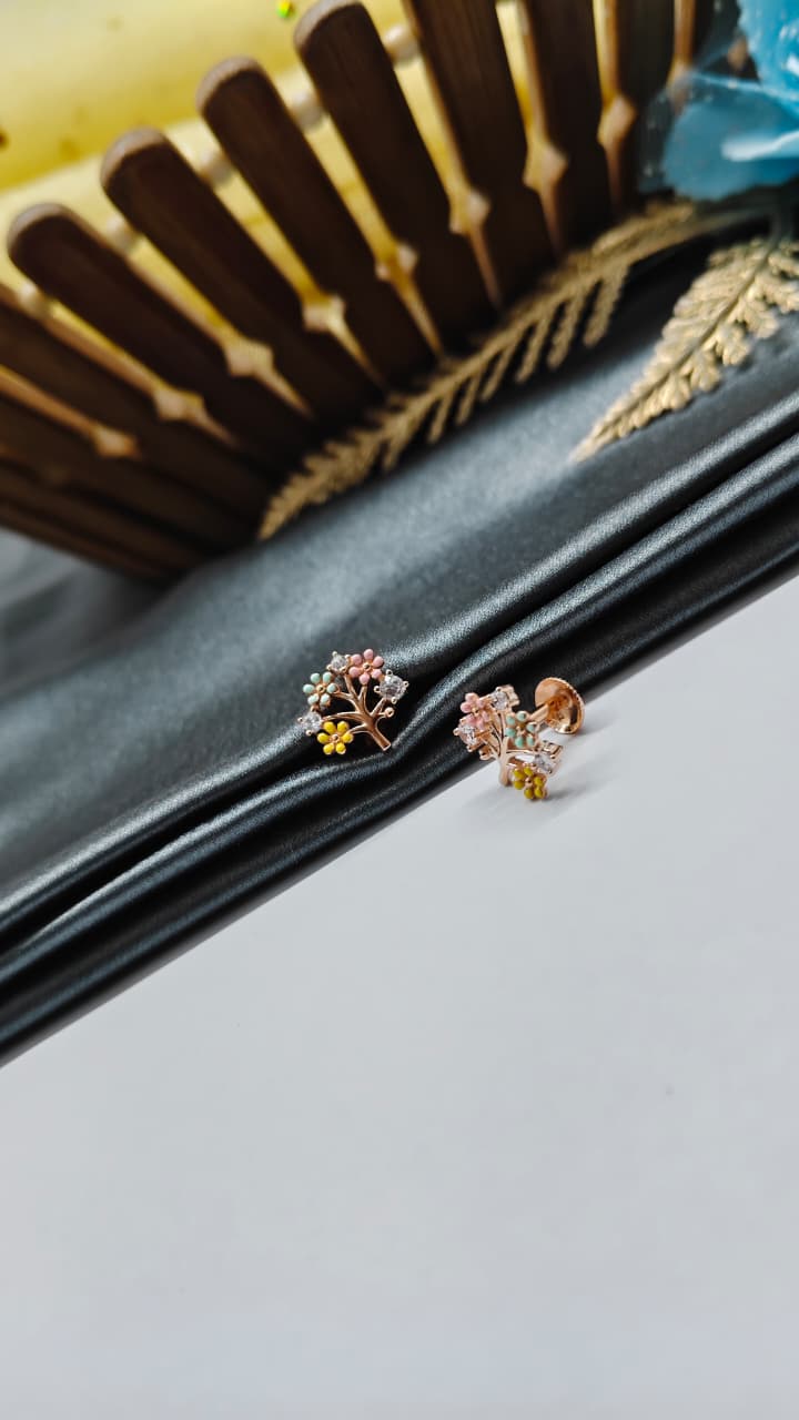 925 Silver Rose Gold Multiple Enamel Colour Tree Design 2 White Stone Earrings