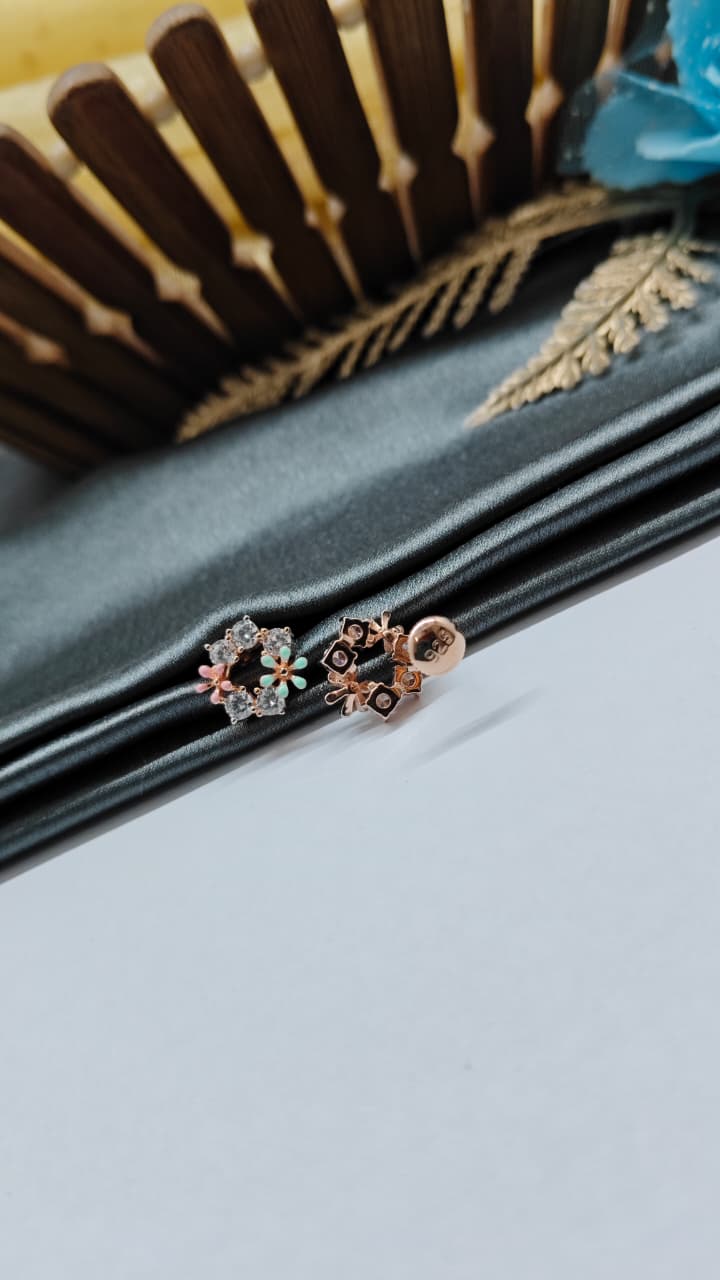 925 Silver Rose Gold Pearl Enamel Colour 2 Flower Design White Stone Earrings