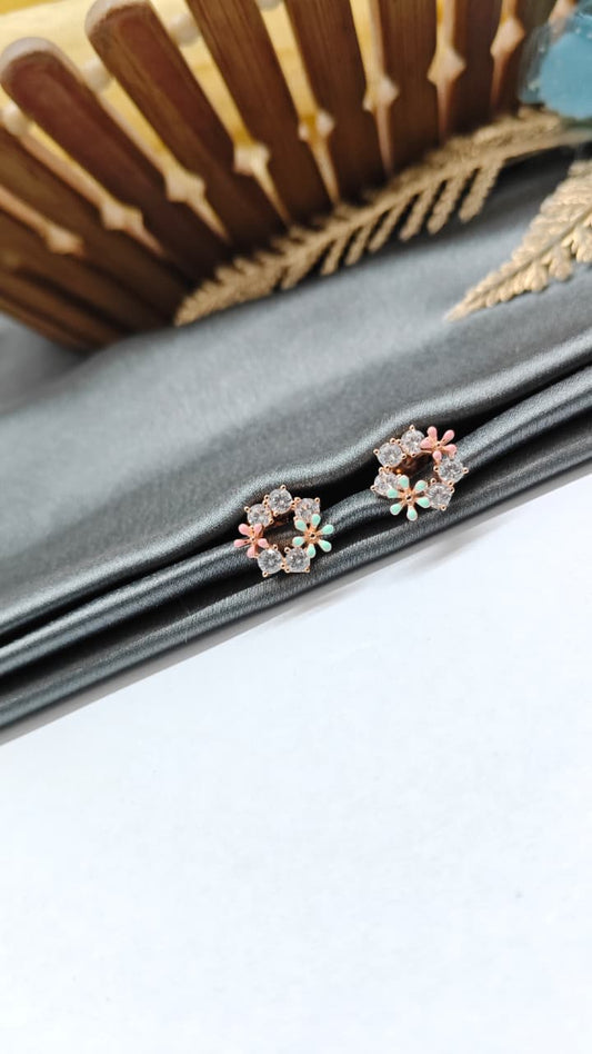 925 Silver Rose Gold Pearl Enamel Colour 2 Flower Design White Stone Earrings