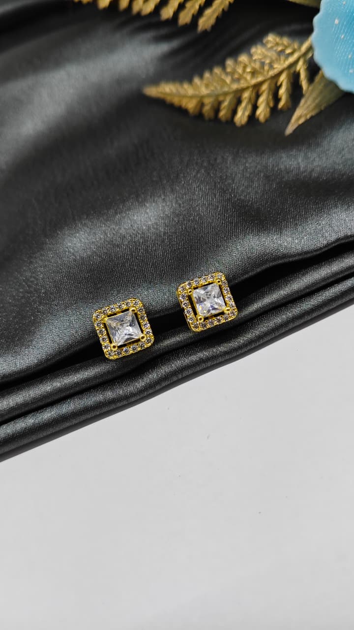 925 Silver Gold Colour Big White Stone With Small White Stones Box Design Earrings
