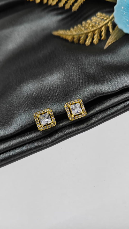 925 Silver Gold Colour Big White Stone With Small White Stones Box Design Earrings