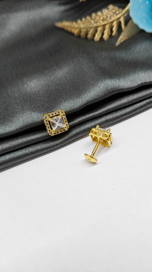 925 Silver Gold Colour Big White Stone With Small White Stones Box Design Earrings
