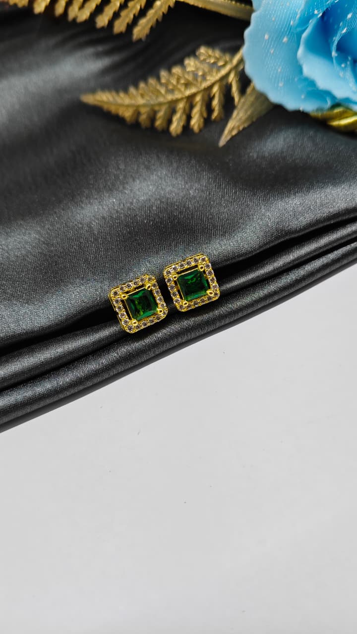 925 Silver Gold Colour Big Green Stone With Small White Stones Box Design Earrings
