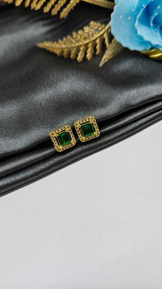 925 Silver Gold Colour Big Green Stone With Small White Stones Box Design Earrings