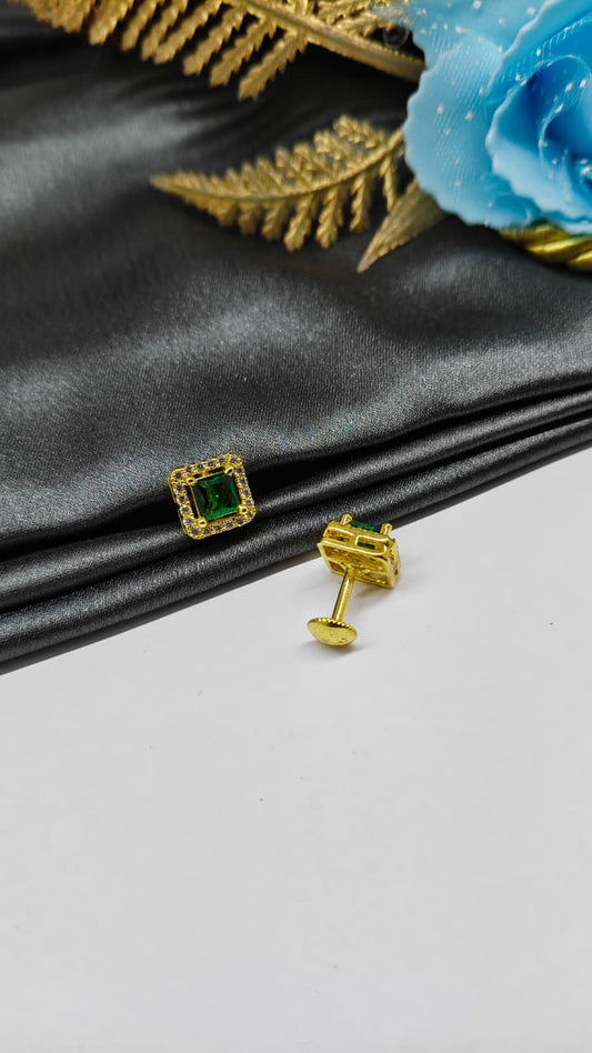 925 Silver Gold Colour Big Green Stone With Small White Stones Box Design Earrings