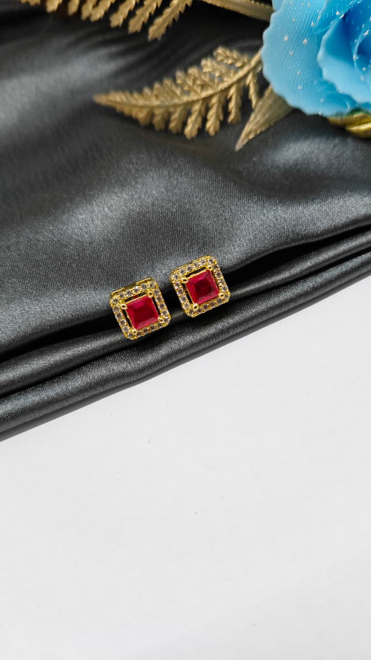 925 Silver Gold Colour Big Red Stone With Small White Stones Box Design Earrings