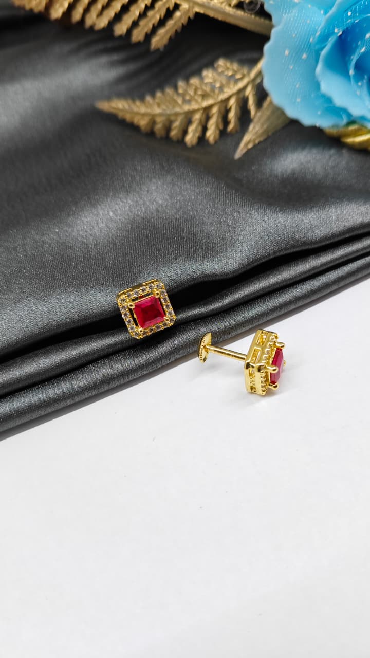 925 Silver Gold Colour Big Red Stone With Small White Stones Box Design Earrings