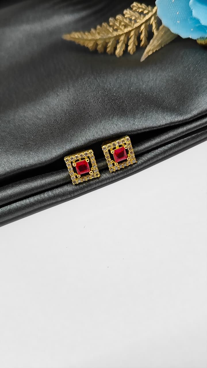 925 Silver Gold Colour Big Red Stone With Small White Stones Box Design Earrings