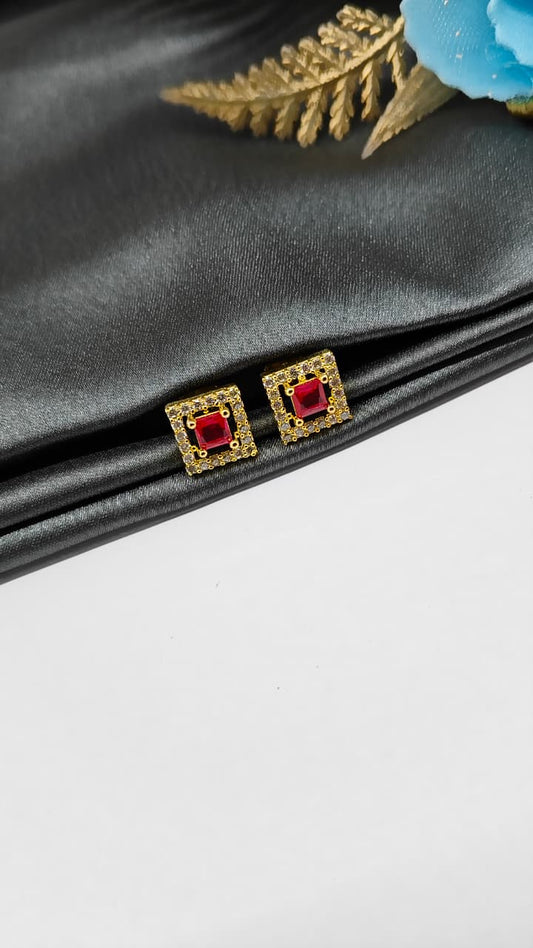 925 Silver Gold Colour Big Red Stone With Small White Stones Box Design Earrings