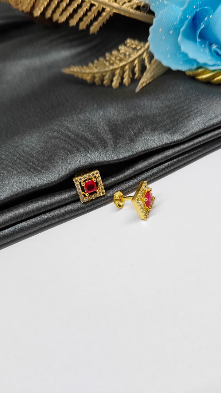 925 Silver Gold Colour Big Red Stone With Small White Stones Box Design Earrings
