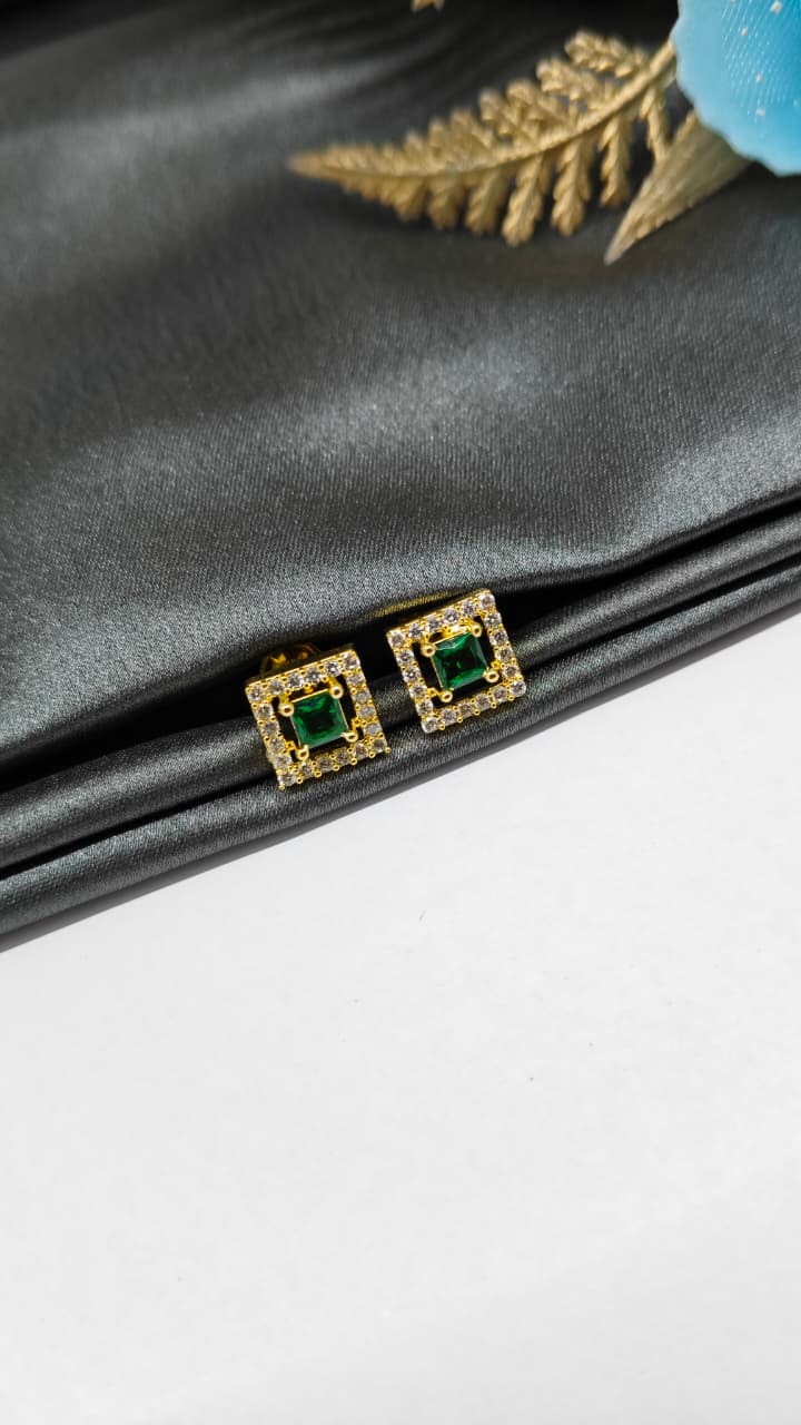 925 Silver Gold Colour Big Green Stone With Small White Stones Box Design Earrings