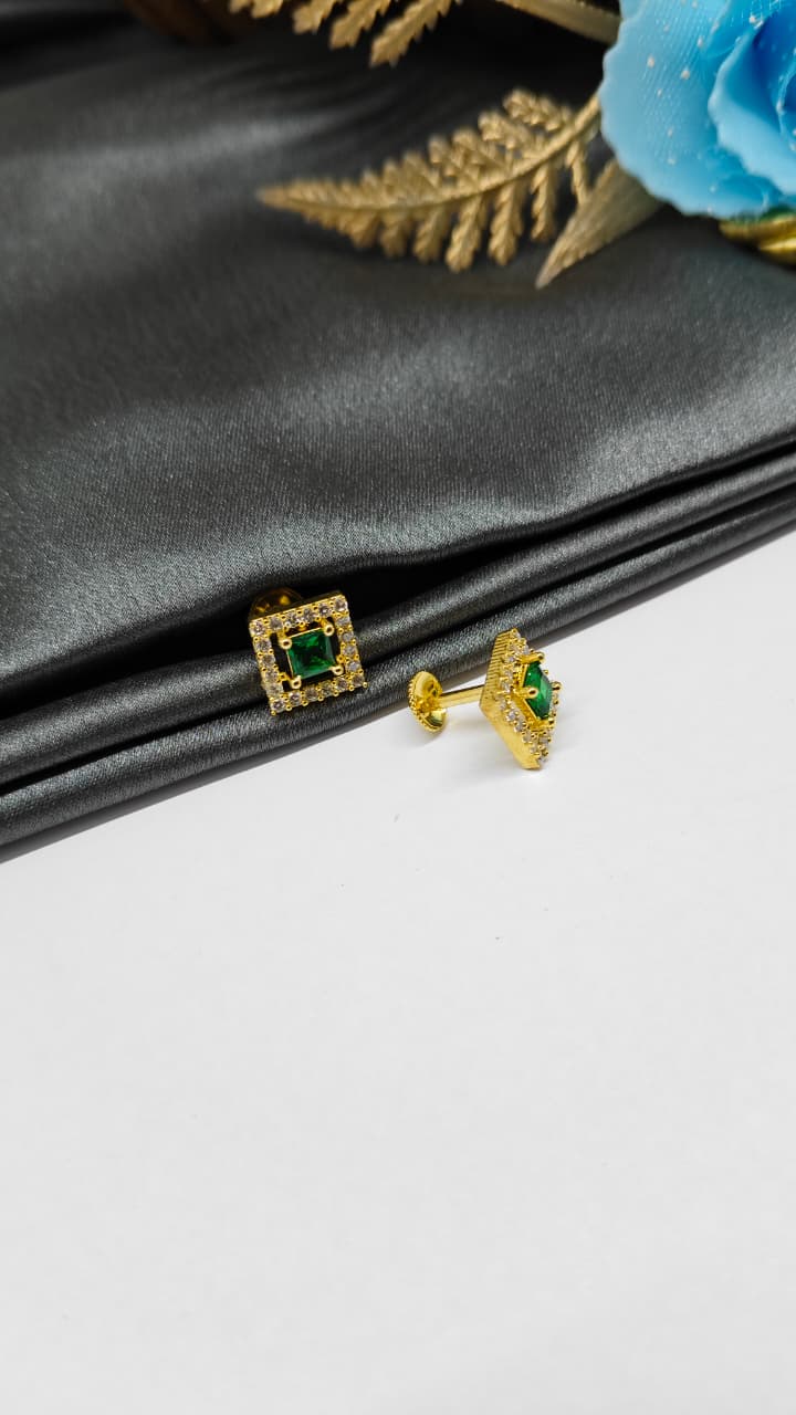 925 Silver Gold Colour Big Green Stone With Small White Stones Box Design Earrings
