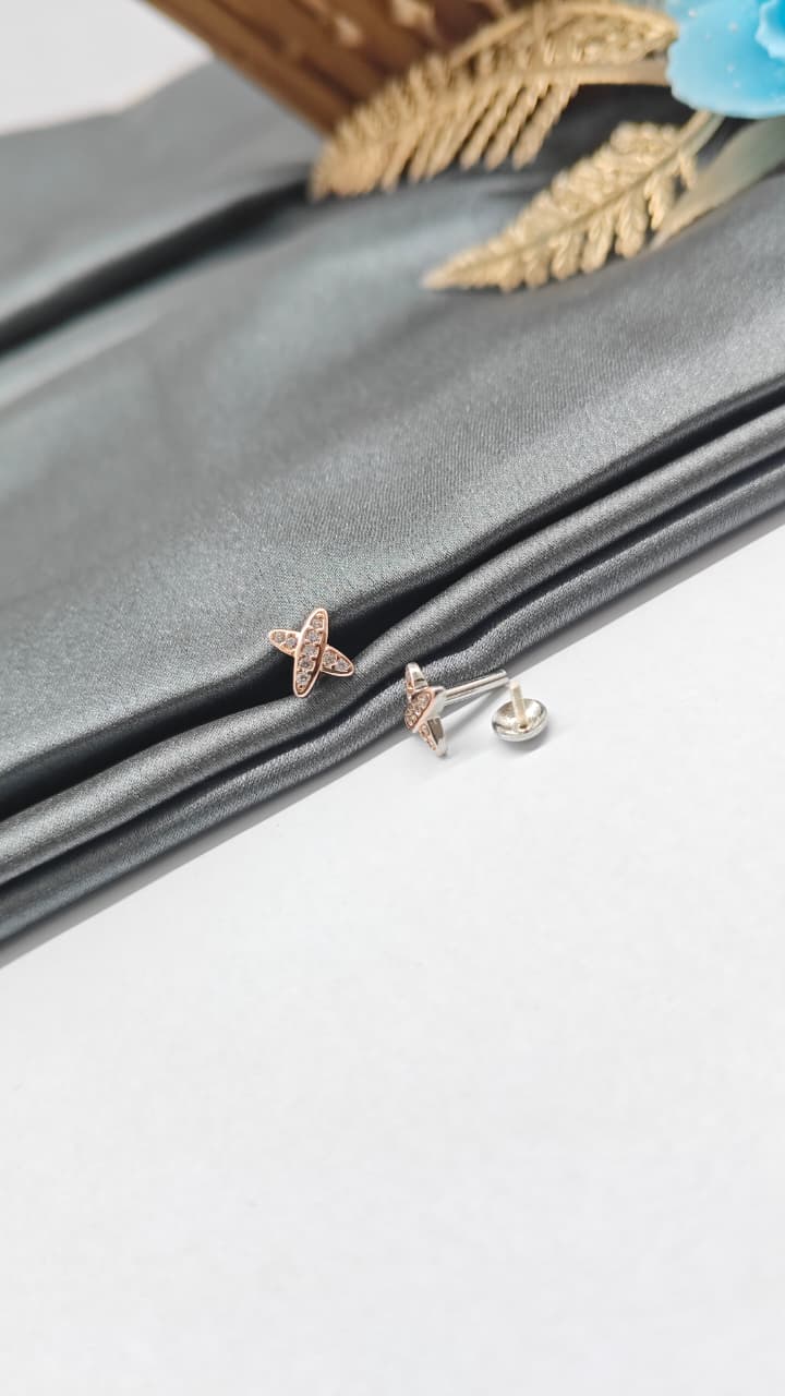 925 Silver Double Tone Colour X Design With White Stone Earrings