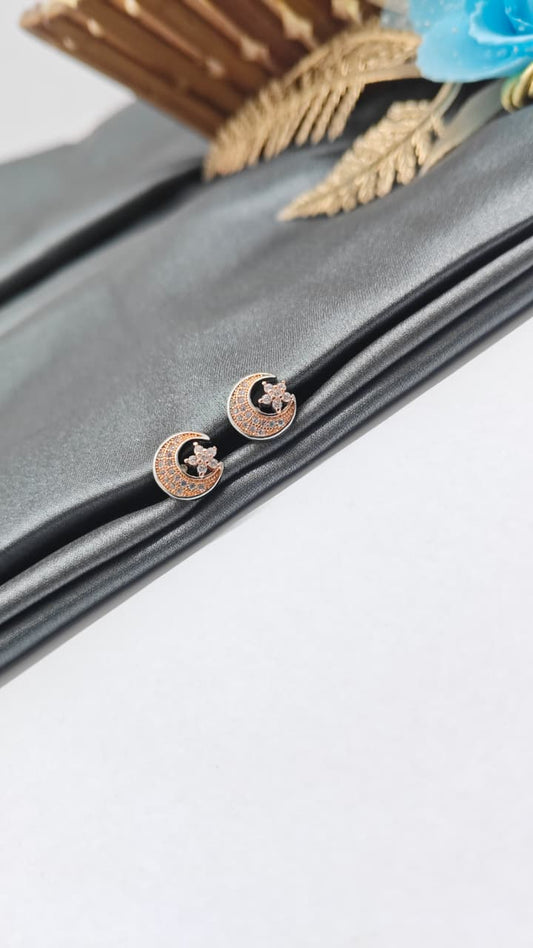 925 Silver Double Tone Colour Moon Star Design With White Stone Earrings