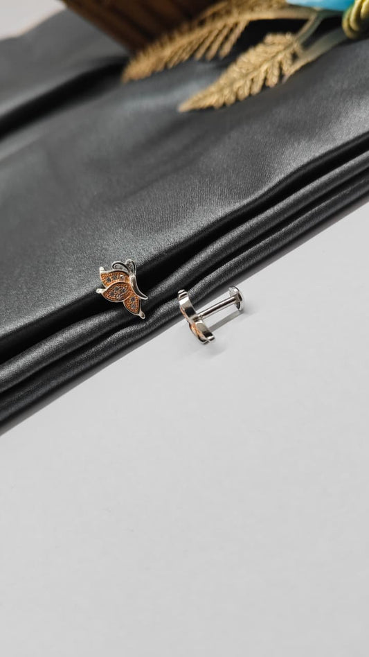 925 Silver Double Tone Colour Side Butterfly Design With White Stone Earrings