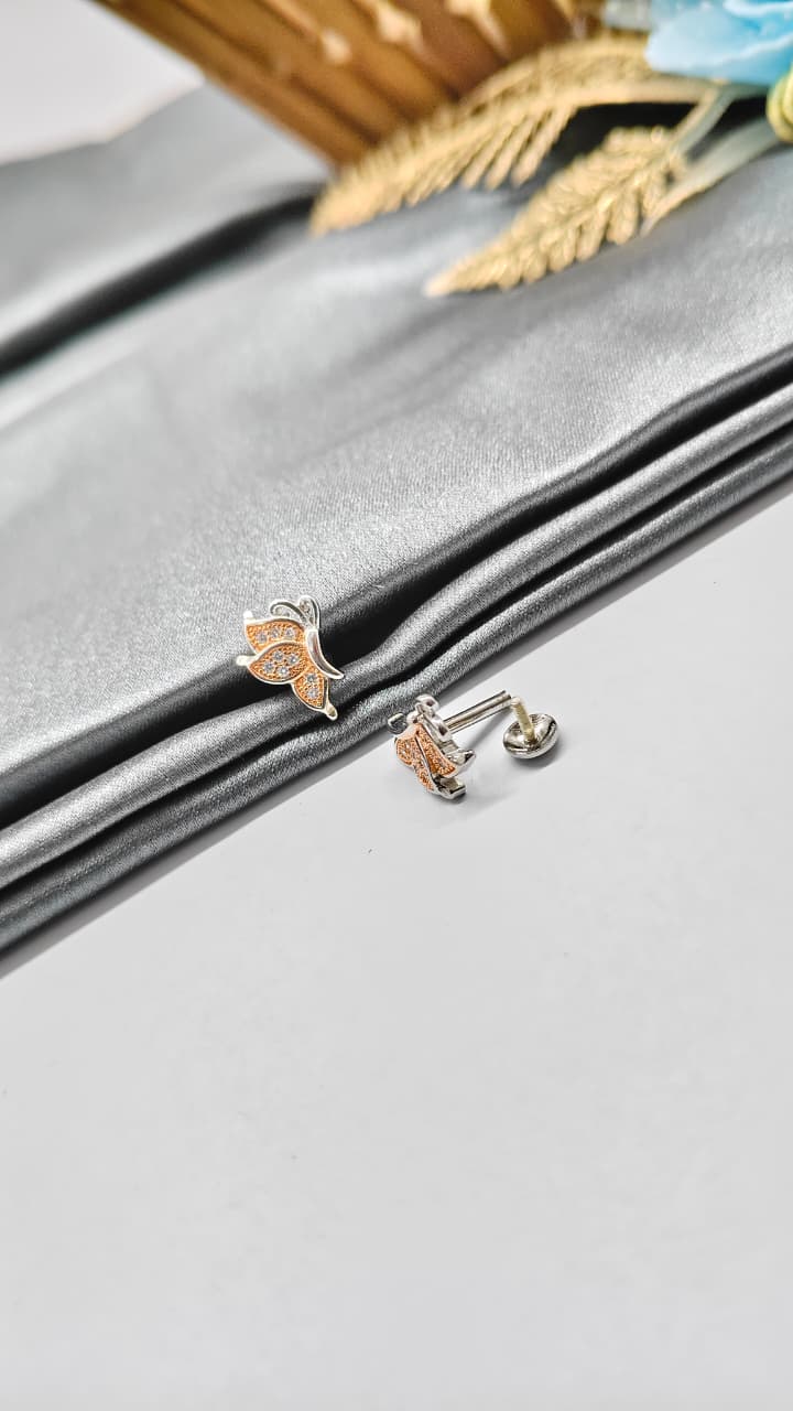 925 Silver Double Tone Colour Side Butterfly Design With White Stone Earrings