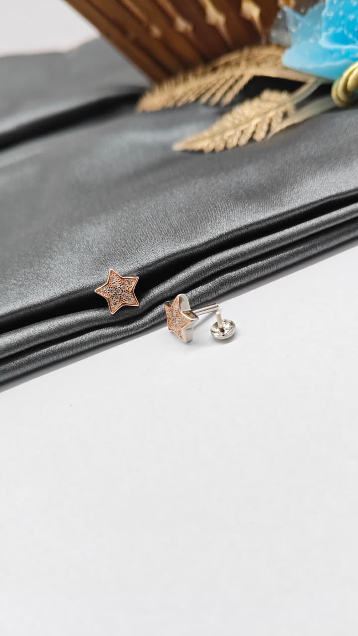 925 Silver Double Tone Colour Star Design With White Stone Earrings