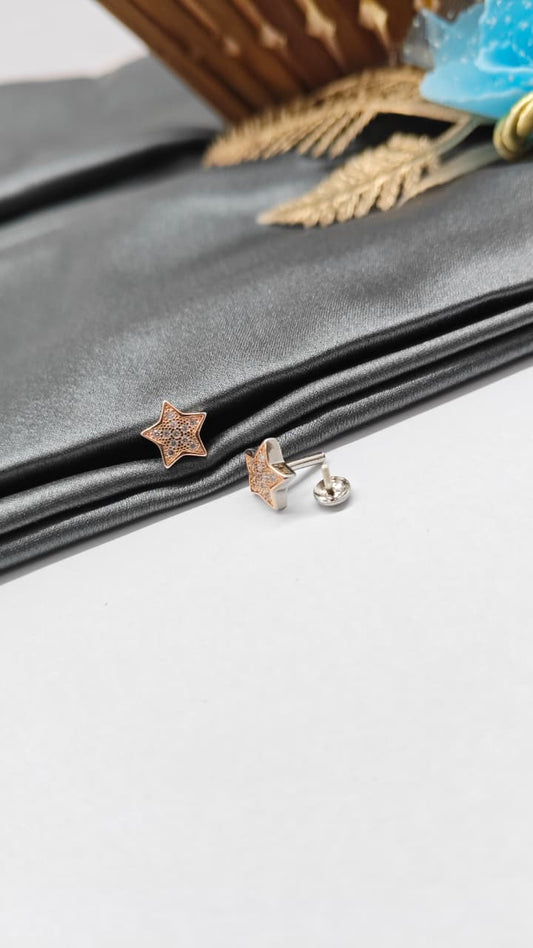 925 Silver Double Tone Colour Star Design With White Stone Earrings